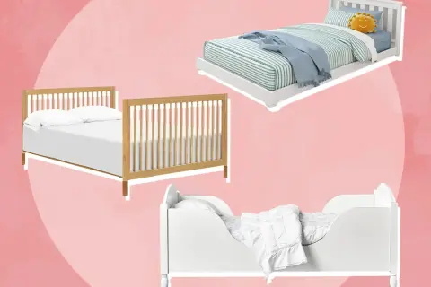 Three beds: a wooden crib, a white toddler bed with rails, and a white toddler bed with a low profile. These options show what kind of bed should a 1 year old be in.