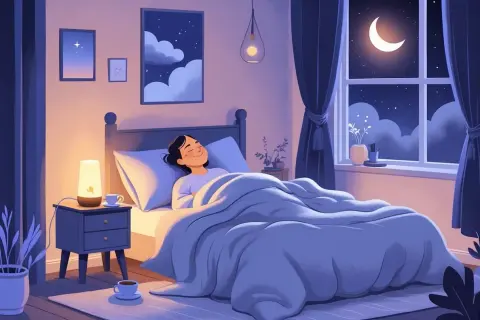 Una mujer duerme plácidamente en su cama, rodeada de una atmósfera tranquila, ideal para como tener un sueño reparador. La luna ilumina la habitación.