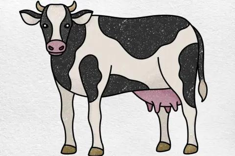 Una vaca para dibujar, con manchas negras y blancas, cuernos y ubres rosadas.
