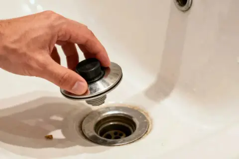 A hand holds a bathtub drain stopper, demonstrating how to remove bathtub drain parts for cleaning or repair.