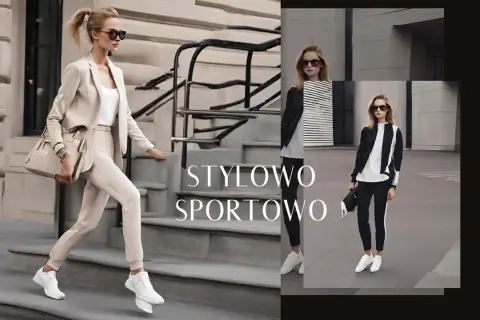 Kobiety w stylizacjach athleisure: elegancki beżowy garnitur i sportowy czarno-biały komplet.