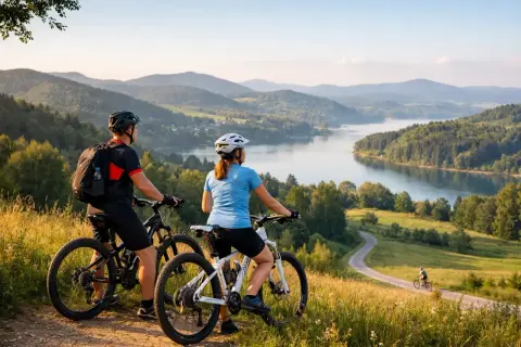 Para rowerzystów podziwia malowniczy krajobraz z jeziorem i wzgórzami. Idealne miejsce na odkrywanie tras rowerowych Podkarpacia.