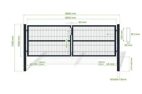Dwuskrzydłowa brama wjazdowa o szerokości 2850 mm, wysokości 1500 mm, z elementami o grubości 5 mm.