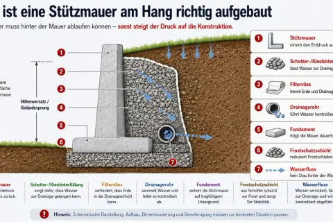 Querschnitt einer Stützmauer am Hang: Schotter, Filtervlies und Drainagerohr leiten Wasser ab, um Druck zu vermeiden. So lässt sich ein Hang richtig befestigen.
