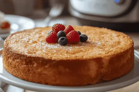 Gâteau doré, garni de framboises et myrtilles, saupoudré de sucre glace. Un délice qui vous fait demander : amidon c'est quoi ?
