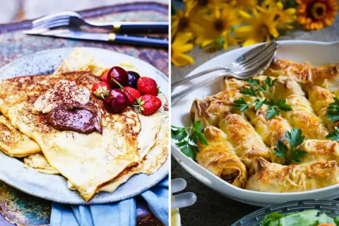 Två bilder av crêpes. Till vänster, en stapel crêpes med chokladkräm och bär. Till höger, gratinerade crêpes med ost och persilja. Ett perfekt crêpes recept för alla tillfällen.