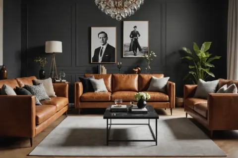 Elegante cognac Ledersofas mit Kissen, kombiniert mit einem dunklen Couchtisch und Kunst an der Wand. Tolle Ideen für Ihr Wohnzimmer.