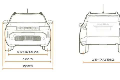 Schematyczne rysunki przodu i tyłu Dacia Duster z wymiarami: wysokość 1656/1661 mm, szerokość 1813 mm, całkowita szerokość 2069 mm, rozstaw kół 1574/1573 mm i 1547/1562 mm.