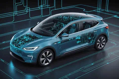 Blå elbil med genomskinlig kaross som visar interna komponenter och kretsar. En illustration som kan antyda ett renault zoe problem med dess komplexa system.