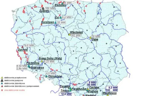 Mapa przedstawia teren na którym zostanie wybudowana elektrownia wodna i jej wpływ na środowisko