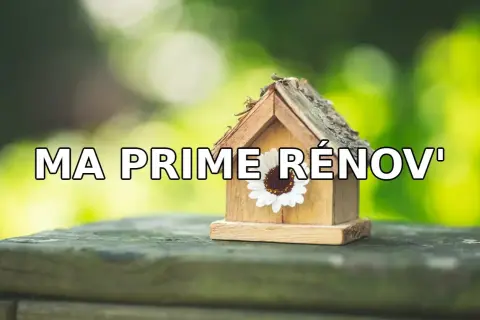 Une petite maison en bois décorée d'une fleur, avec le texte "MA PRIME RÉNOV'". Idéal pour votre projet d'isolation des combles.