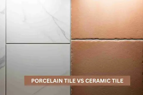 Comparing porcelain vs ceramic tile: smooth white marble-look porcelain on the left, rustic terracotta-colored ceramic on the right.