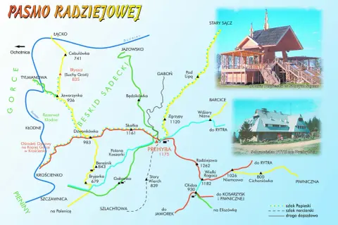 Mapa szlaków Beskidu Sądeckiego z zaznaczonymi szczytami, schroniskami i atrakcjami.