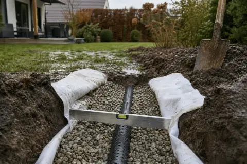 Drainage verlegen: Anleitung mit Bildern. Ein Drainagerohr liegt in Kiesbett, umgeben von Vlies. Wasserwaage prüft Neigung.