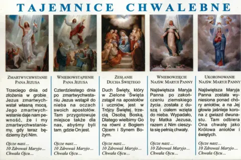 Ilustracje przedstawiające tajemnice chwalebne różańca: Zmartwychwstanie, Wniebowstąpienie, Zesłanie Ducha Świętego, Wniebowzięcie i Ukoronowanie Najświętszej Maryi Panny.