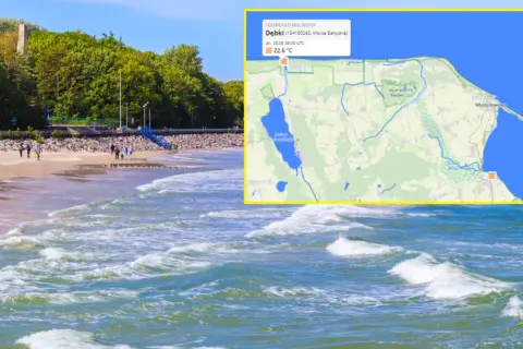 Dziś woda w Bałtyku w Dębkach ma 22,6°C. Widok na plażę i morze z informacją o temperaturze wody.