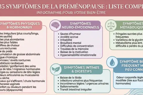 Prémenopause : mal au ventre, ballonnements, transit intestinal irrégulier. L'infographie liste 35 symptômes, dont des troubles digestifs.