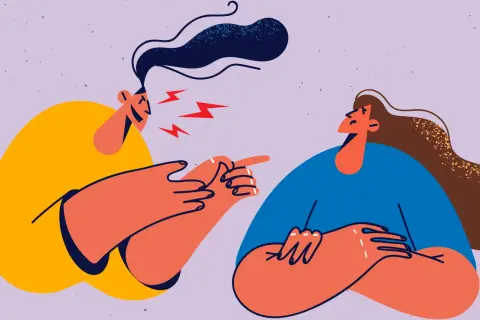 Dwie kobiety w trakcie kłótni, jedna wskazuje palcem, druga słucha. Ilustracja do rozprawki o przyjaźni.