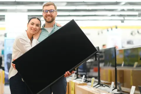 Szczęśliwa para trzyma nowy telewizor. Zastanawiasz się, hisense co to za firma? To producent elektroniki, który oferuje wysokiej jakości sprzęt.