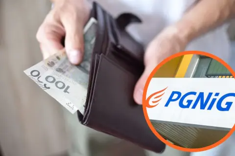 Dłonie wkładają banknot 100 zł do portfela, obok logo PGNiG.