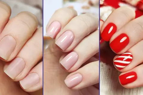 Trzy etapy manicure: naturalne paznokcie, różowy hybrydowy, czerwony hybrydowy z paskami.