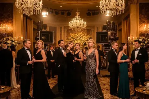 Elegancka gala w stylu hollywoodzkim. Gwiazdy w wieczorowych kreacjach pozują przy zabytkowych kamerach, w blasku kryształowych żyrandoli.
