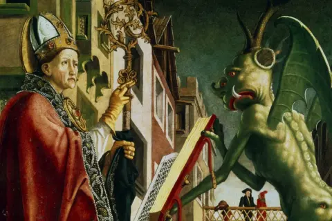 Ein Bischof hält einen Schlüssel, während ein grünes Wesen, das an einen satanistischen Dämon erinnert, ein Buch hält.