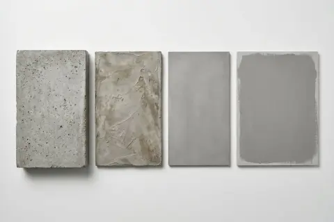 Cztery płyty prezentujące ciekawe efekty na ścianie: surowy beton, tynk strukturalny, gładki beton i beton pomalowany.