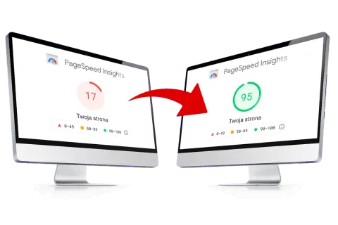 Wynik PageSpeed Insights z 17 na 95 po optymalizacji stron internetowych. Czerwona strzałka pokazuje poprawę.