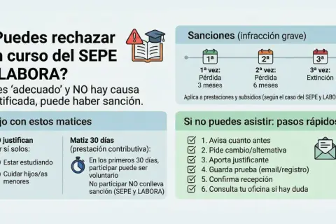 Información sobre rechazar cursos SEPE/LABORA. Detalla sanciones por infracción grave y pasos si no puedes asistir. El significado acreditado de la norma es claro: hay consecuencias.