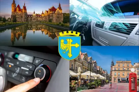 Kolaż: zamek, wnętrze samochodu z klimatyzacją, panel sterowania klimatyzacją, rynek w Opolu.