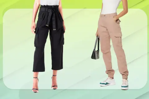 Due outfit con cargo donna: uno nero con sandali eleganti, l'altro beige con sneakers casual.