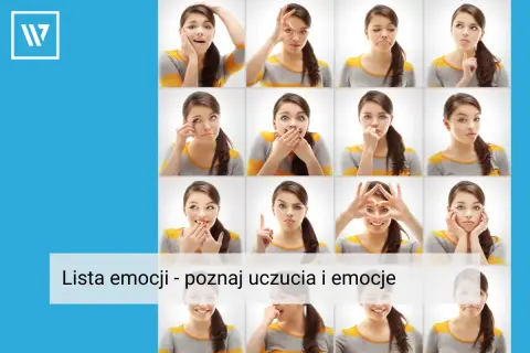 Siatka zdjęć młodej kobiety wyrażającej różne uczucia i emocje: radość, smutek, zaskoczenie, złość.