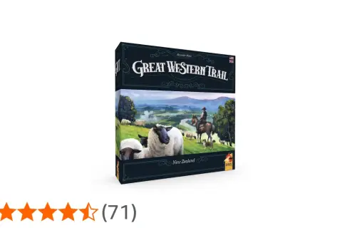 Gra planszowa "Great Western Trail Nowa Zelandia" z owcami i pasterzem na koniu na tle malowniczego krajobrazu.