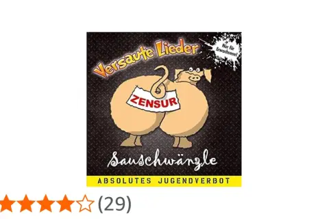 Ein Schwein mit "ZENSUR" auf dem Hintern, das für "Versaute Lieder" wirbt. Ein lustiges Cover für Erwachsene.