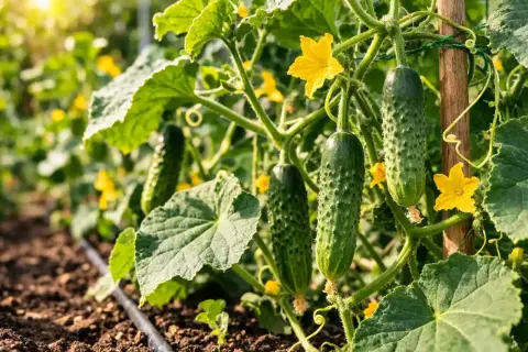 Cetrioli maturi pendono da una pianta rigogliosa, con fiori gialli e foglie verdi. Una guida visiva su come coltivare i cetrioli.
