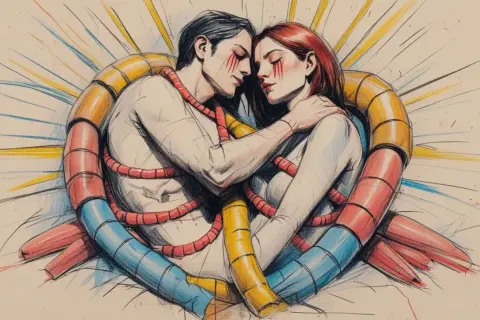 Pareja abrazada, envuelta en un corazón de tubos y cuerdas rojas, sugiriendo un amor obsesivo.