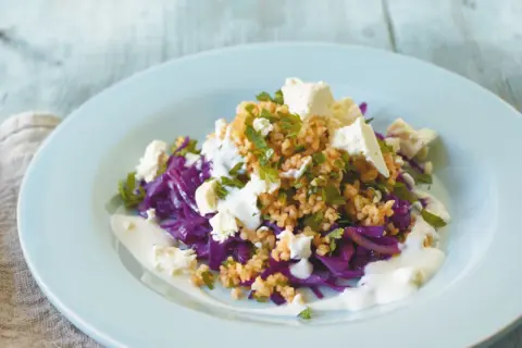 Rotkohl Rezepte mal anders: Ein bunter Salat mit Rotkohl, Bulgur, Feta und Joghurt-Dressing auf einem hellblauen Teller.
