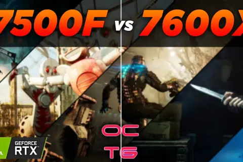 Vergleich: Ryzen 5 7500F vs Ryzen 5 7600X. Gaming-Szenen mit Nvidia GeForce RTX.