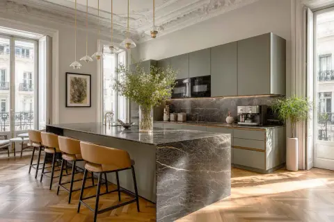 Cocina moderna con isla de mármol y taburetes. Un ejemplo perfecto de cuanto se revaloriza un piso reformado con estilo y acabados de lujo.