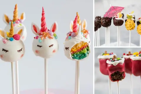 Bunte Cake Pops: Einhörner mit Regenbogenfüllung, Schoko-Gesichter, Ananas und rote Beeren-Kreationen.
