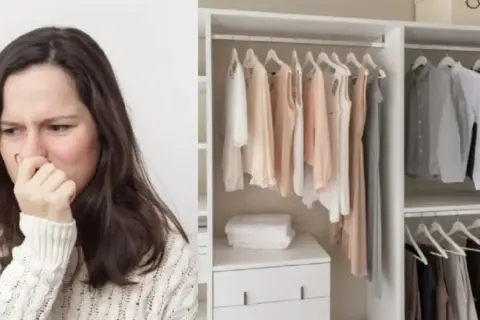 Donna infastidita dall'odore di muffa, accanto a un armadio ordinato. Scopri cosa mettere negli armadi per evitare la muffa e mantenere i tuoi vestiti freschi.