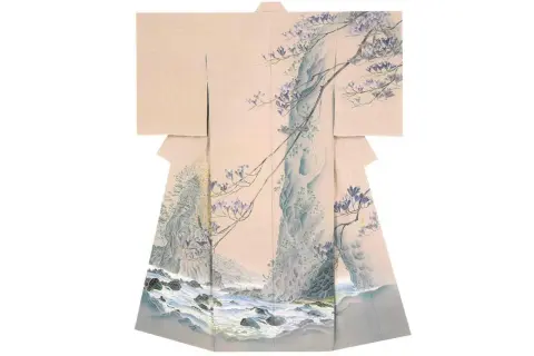 A kimono adorned with exquisite Japanese paintings of a serene landscape, featuring a rocky stream and delicate purple blossoms cascading down a cliff.