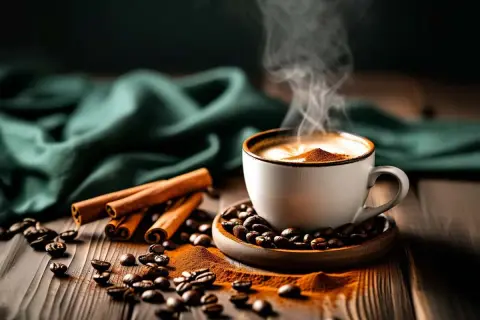 Une tasse de café fumant, parsemée de cannelle, entourée de grains de café et de bâtons de cannelle sur une table en bois.