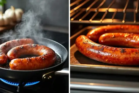 Saucisses andouillettes grésillant dans une poêle et au four, dégageant une vapeur appétissante.