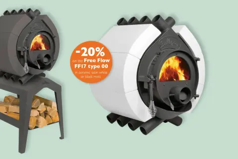 Zwei Bullerjan Öfen, Typ 00, 6 kW Zulassung. Einer in Anthrazit mit Holz, der andere in Weiß mit Rabattangebot.