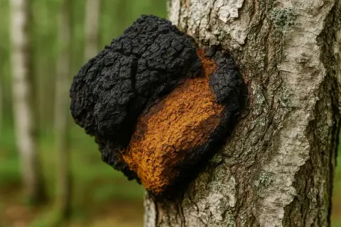 Czarny, chropowaty grzyb chaga rośnie na pniu brzozy. Jego pomarańczowe wnętrze sugeruje bogactwo cennych właściwości.