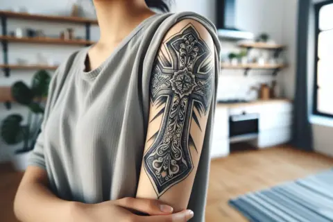 Un detallado tatuaje chicano brazo con una cruz ornamentada.