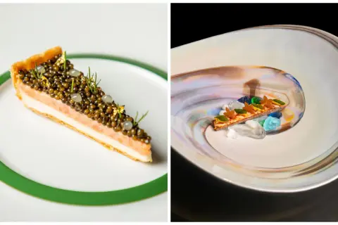 Pastel de salmón con caviar y láminas de oro, digno de una estrella Michelin. Otro plato con un toque artístico y piedras de colores.