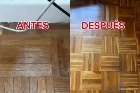 Suelos de madera antes y después de aplicar remedios caseros para suelos que resbalan. El suelo luce renovado y seguro.